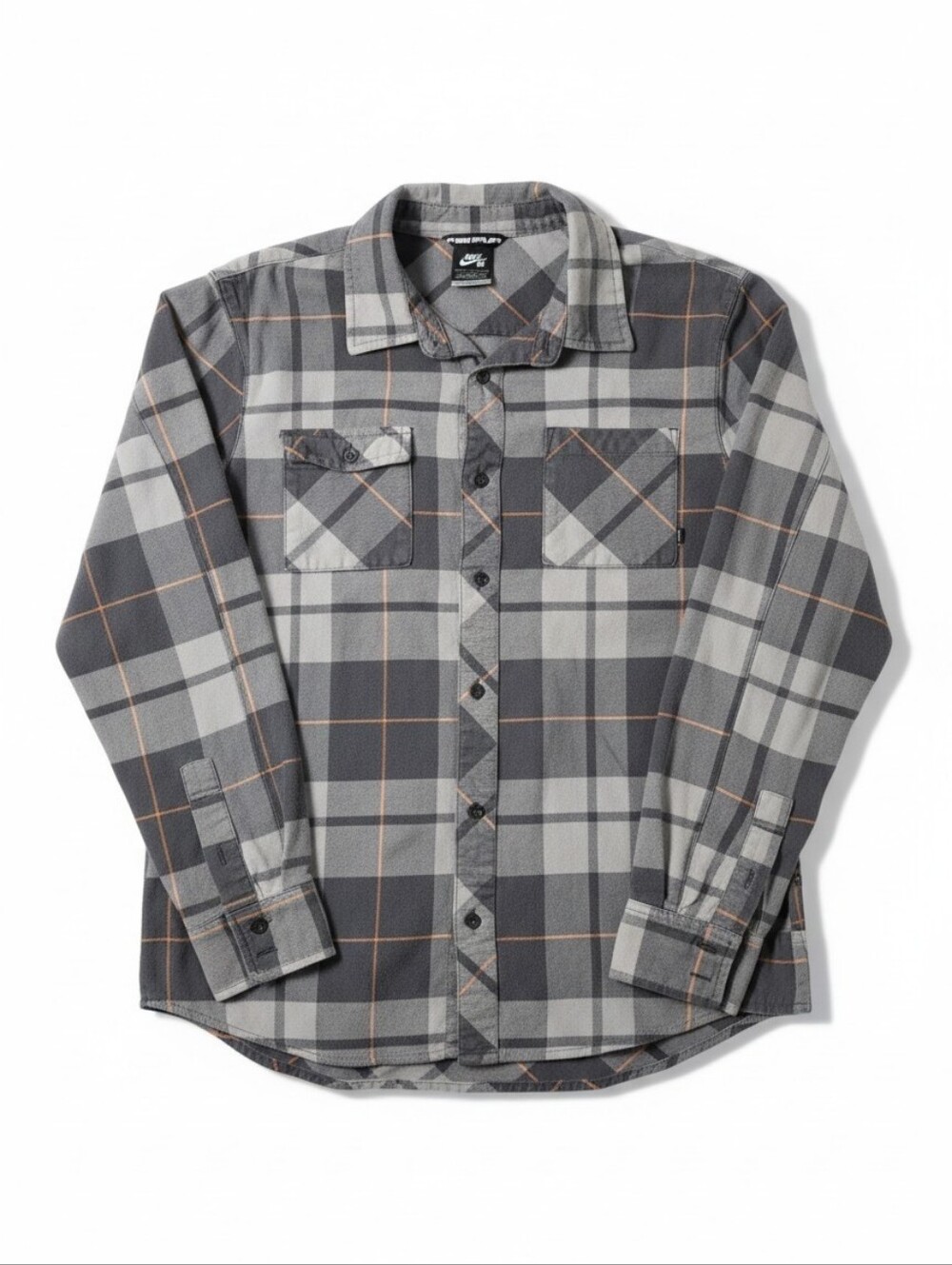 Nike SB Men's L Gray Plaid Flannel Button Up Shirt Skateboarding Orange Accents